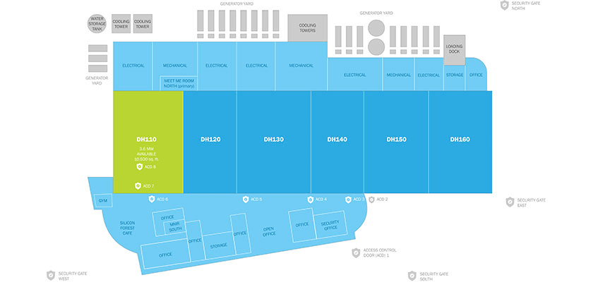 Site plan of the Hillsboro campus: data halls DH110 to DH160, with DH110 marked as 3.6 MW available across 50,500 square feet.
