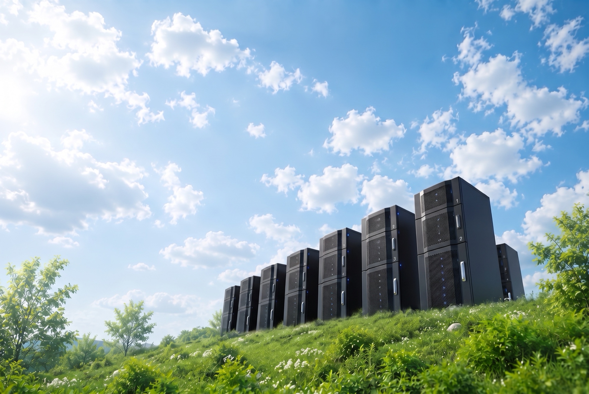 Rows of white server racks standing in a green wildflower field beneath a bright blue, cloud-filled sky.