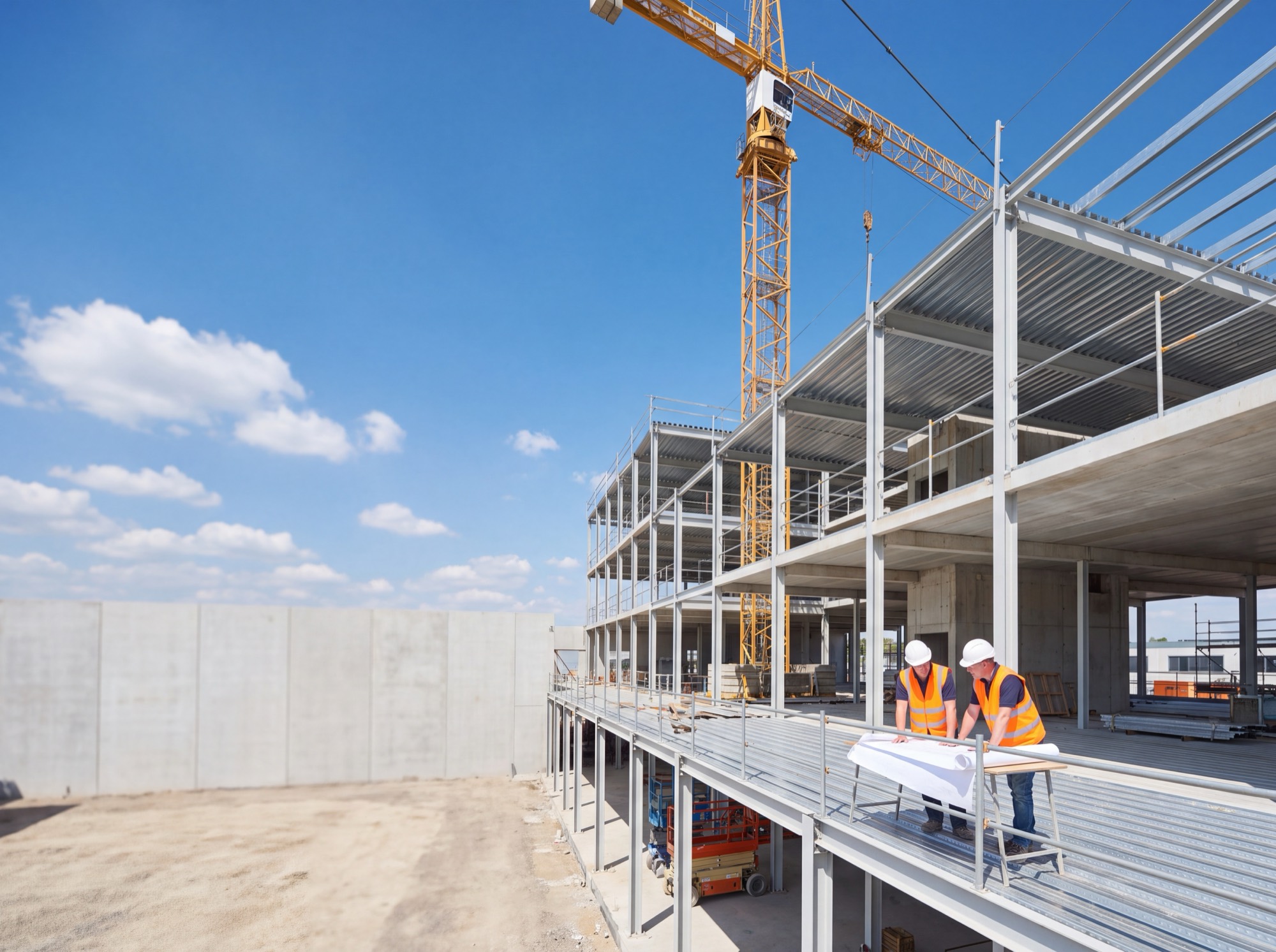 Two workers in hi-vis vests reviewing drawings on the deck of a building under construction.