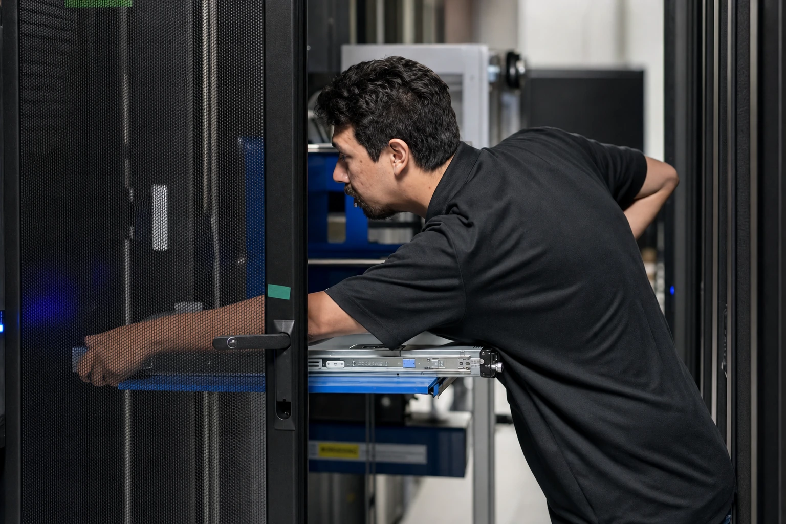 An Opus Interactive engineer working at an open server rack.