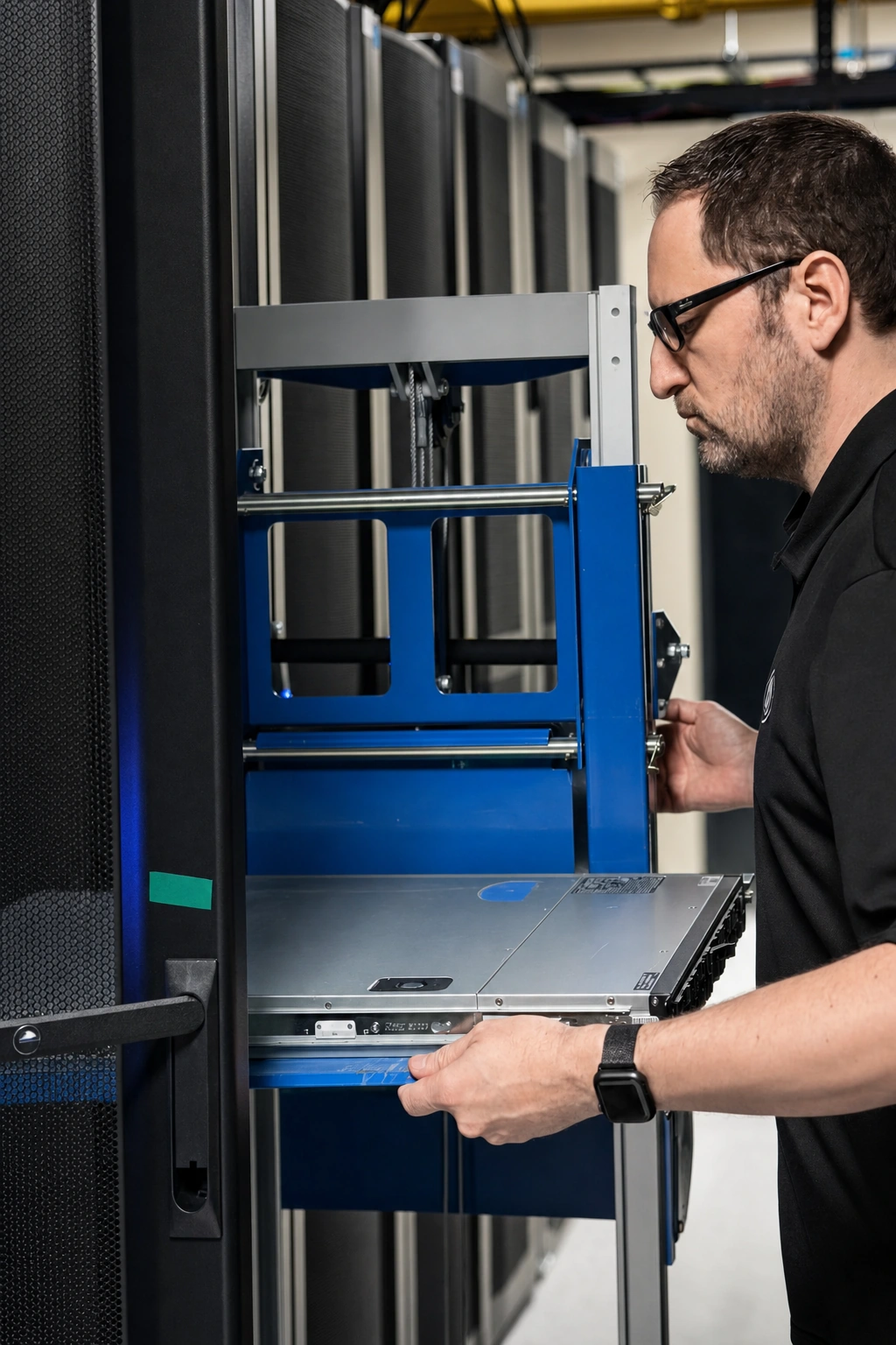 An Opus Interactive engineer installing hardware in a rack.