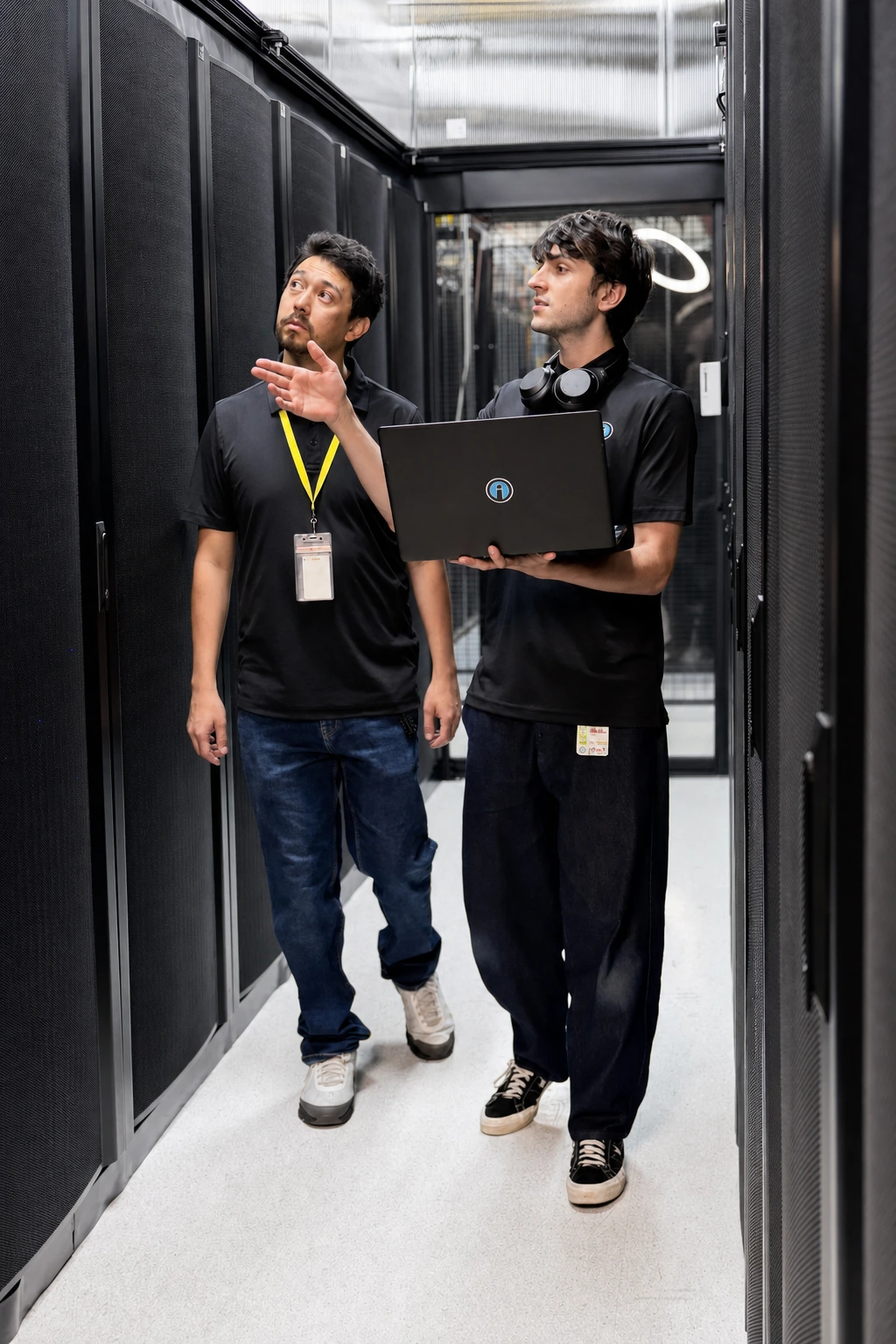 Two Opus Interactive engineers talking in a data hall aisle.