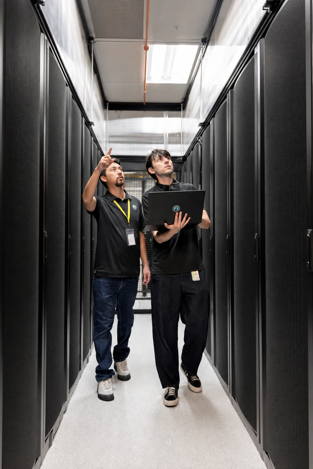 Two Opus Interactive engineers walking a data-center aisle, one pointing up at the racks while the other holds a laptop
