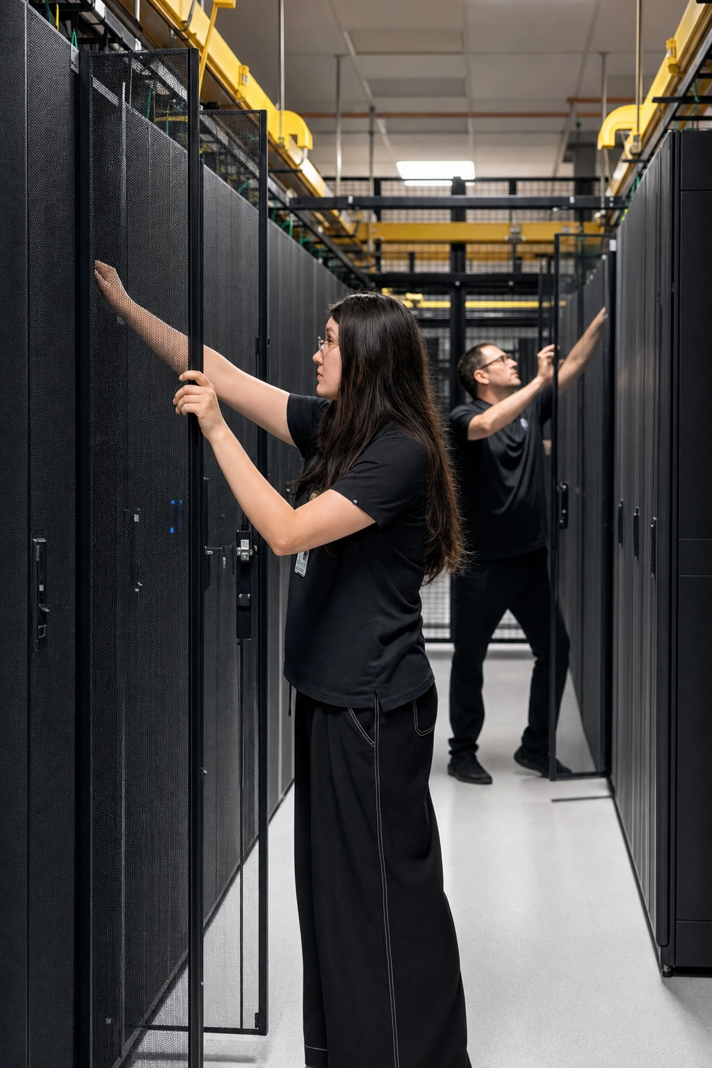 Two Opus Interactive engineers talking in a data hall aisle.
