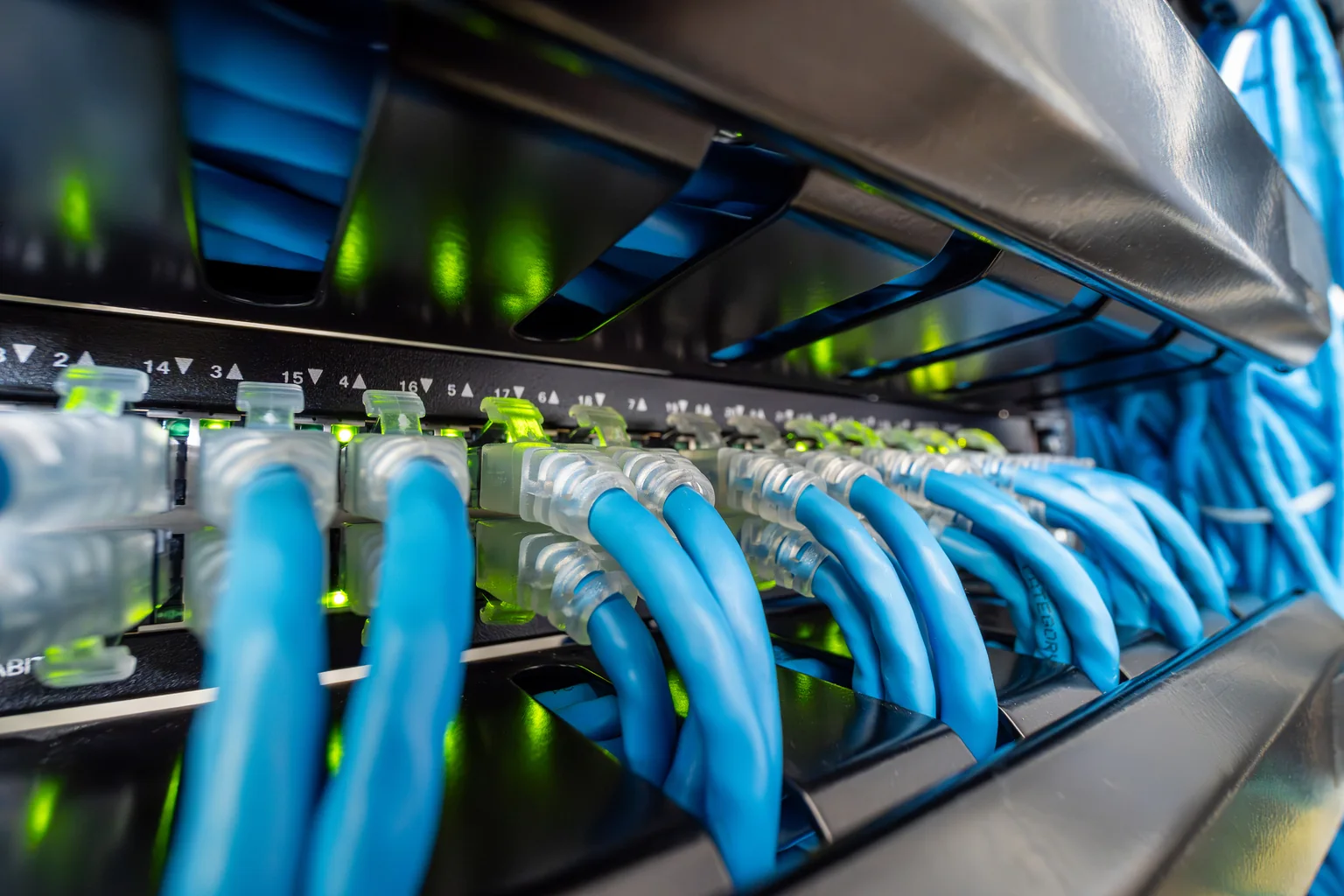 Blue patch cables in an Opus Interactive network cabinet.