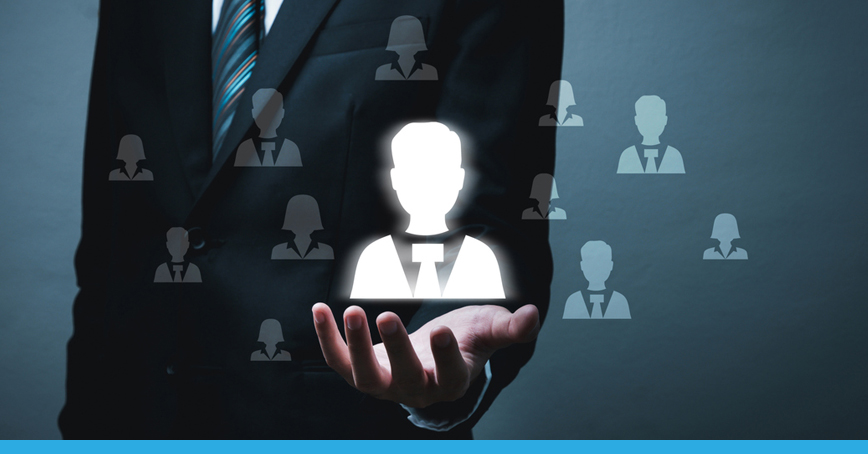 An Opus Interactive blog image of a man holding a glowing icon of a person, with several faded person icons surrounding it, the image is conveying the extra attention a customer would receive as a private client.